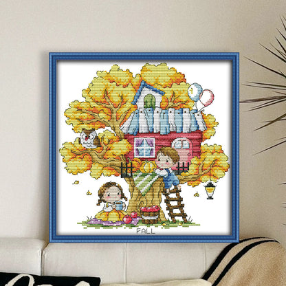 Treehouse (Autumn) - 14CT Stamped Cross Stitch 27*28CM(Joy Sunday)