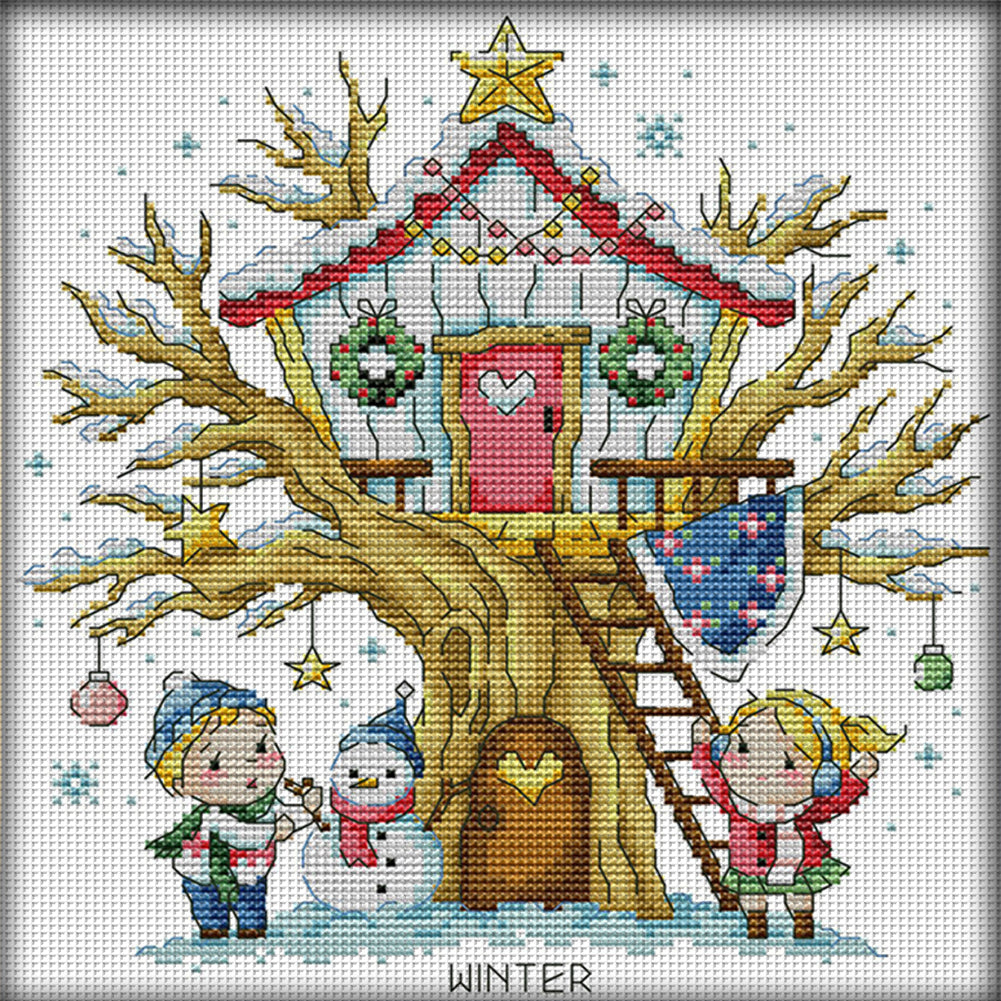 Treehouse(Winter) - 14CT Stamped Cross Stitch 27*28CM(Joy Sunday)