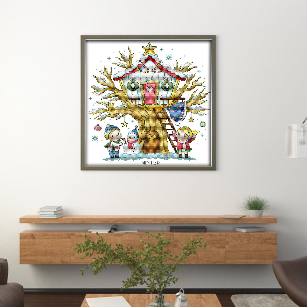 Treehouse(Winter) - 14CT Stamped Cross Stitch 27*28CM(Joy Sunday)