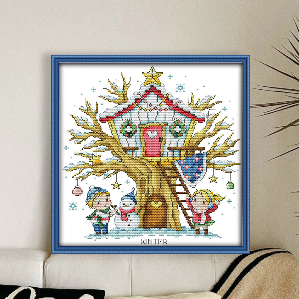 Treehouse(Winter) - 14CT Stamped Cross Stitch 27*28CM(Joy Sunday)