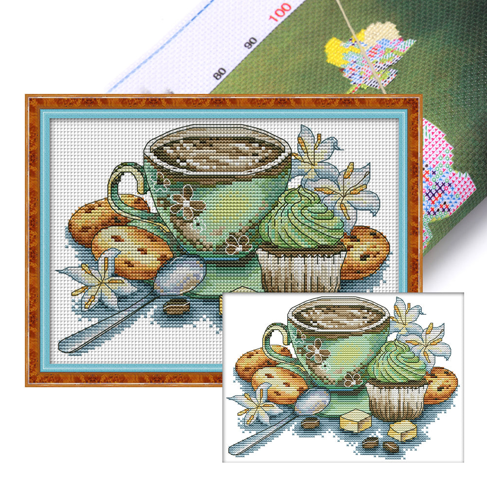 Tea Cup And Cake - 14CT Stamped Cross Stitch 27*19CM(Joy Sunday)