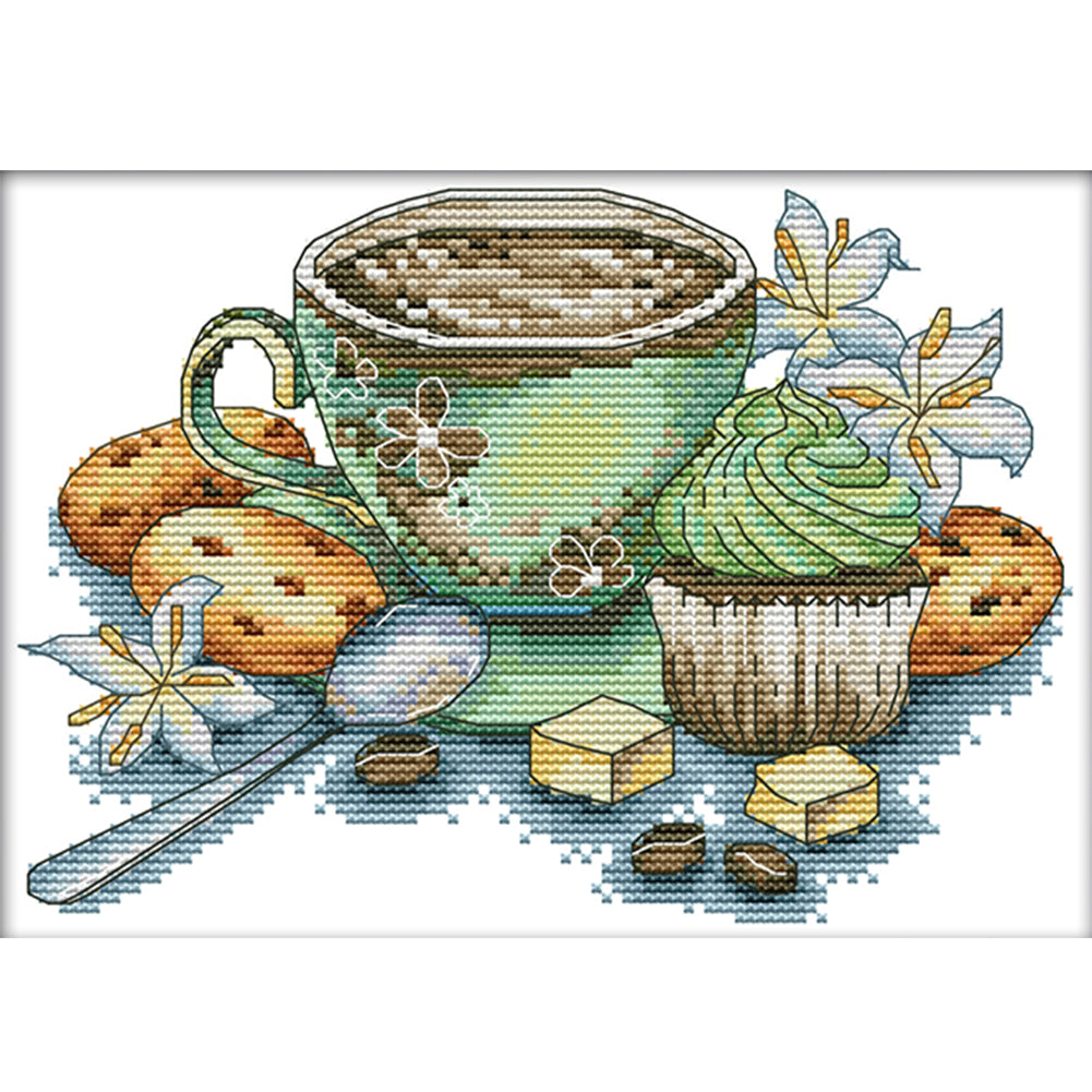 Tea Cup And Cake - 14CT Stamped Cross Stitch 27*19CM(Joy Sunday)