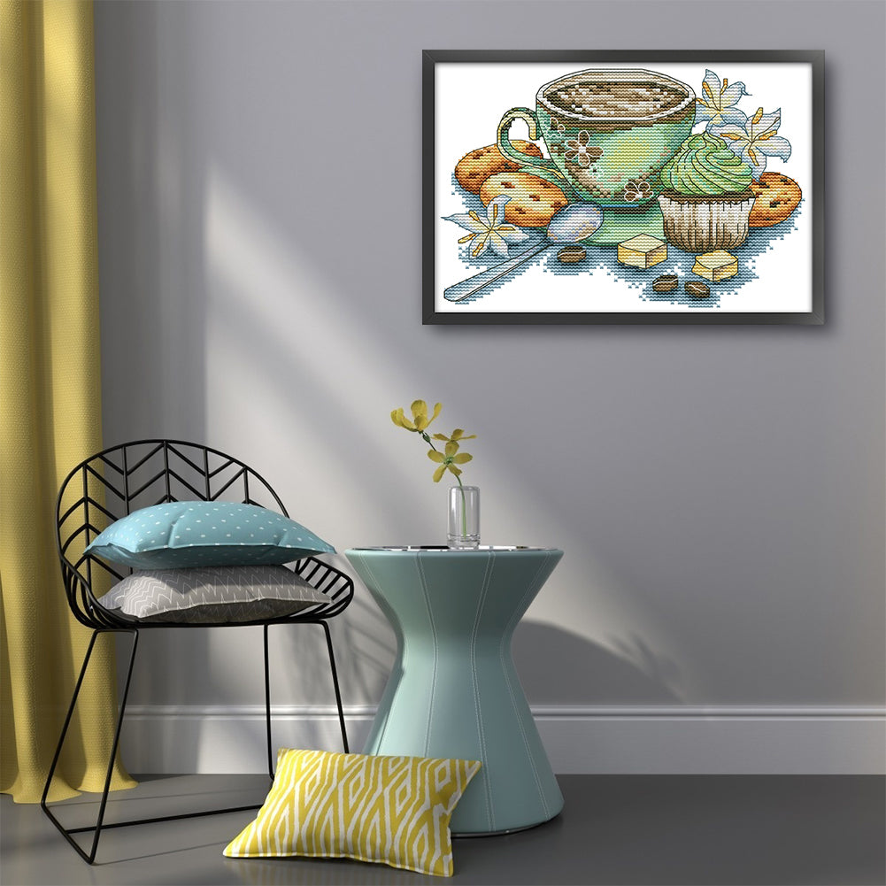 Tea Cup And Cake - 14CT Stamped Cross Stitch 27*19CM(Joy Sunday)