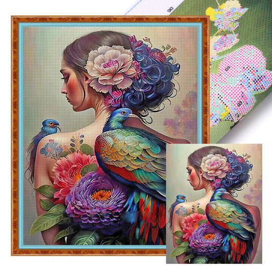 Woman With Flower And Bird Tattoo - 11CT Stamped Cross Stitch 40*50CM