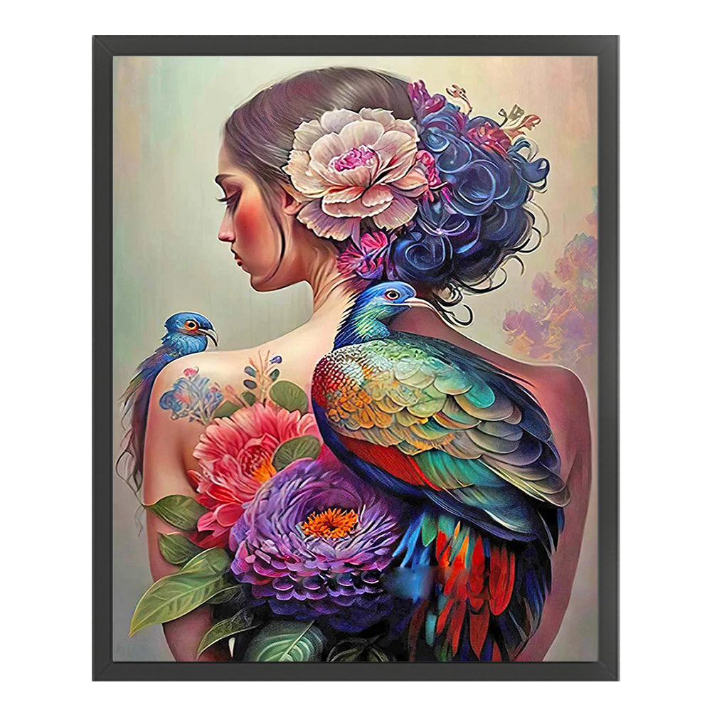 Woman With Flower And Bird Tattoo - 11CT Stamped Cross Stitch 40*50CM