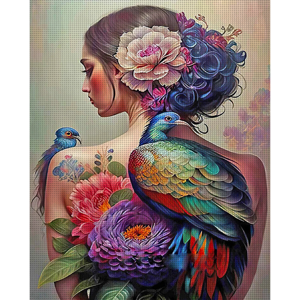 Woman With Flower And Bird Tattoo - 11CT Stamped Cross Stitch 40*50CM