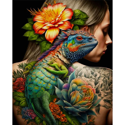 Flowers Chameleon Tattoo Woman - 11CT Stamped Cross Stitch 40*50CM