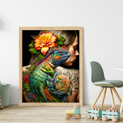 Flowers Chameleon Tattoo Woman - 11CT Stamped Cross Stitch 40*50CM