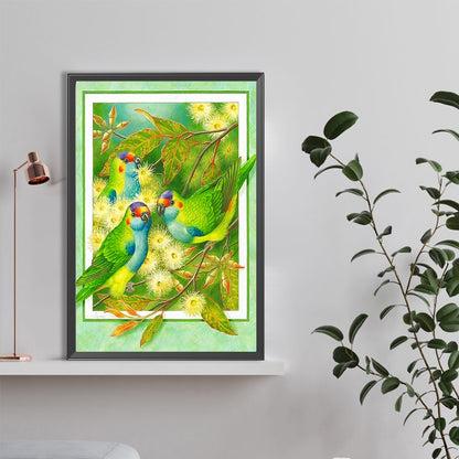 Frame Painted White Wood Eucalyptus Parrot - Full Round Drill Diamond Painting 40*60CM