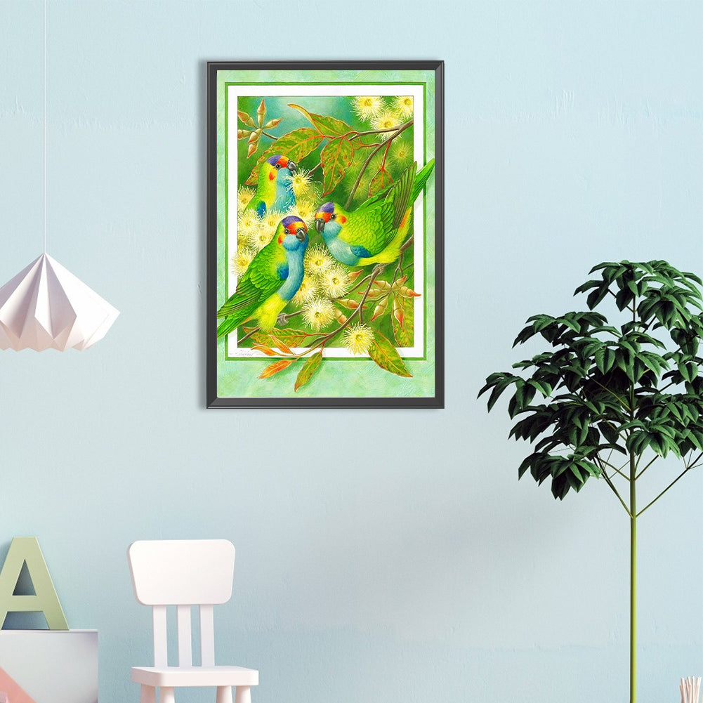Frame Painted White Wood Eucalyptus Parrot - Full Round Drill Diamond Painting 40*60CM