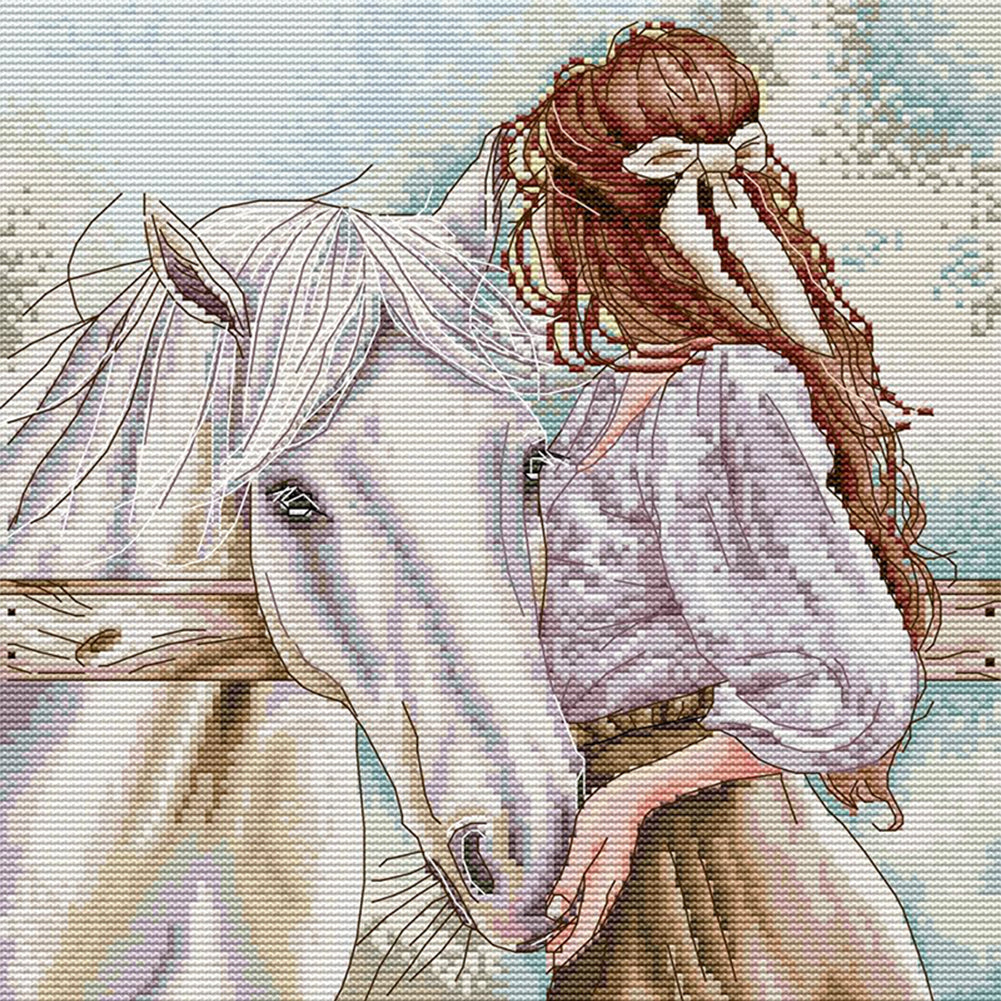 Girl And Horse - 14CT Stamped Cross Stitch 31*33CM(Joy Sunday)