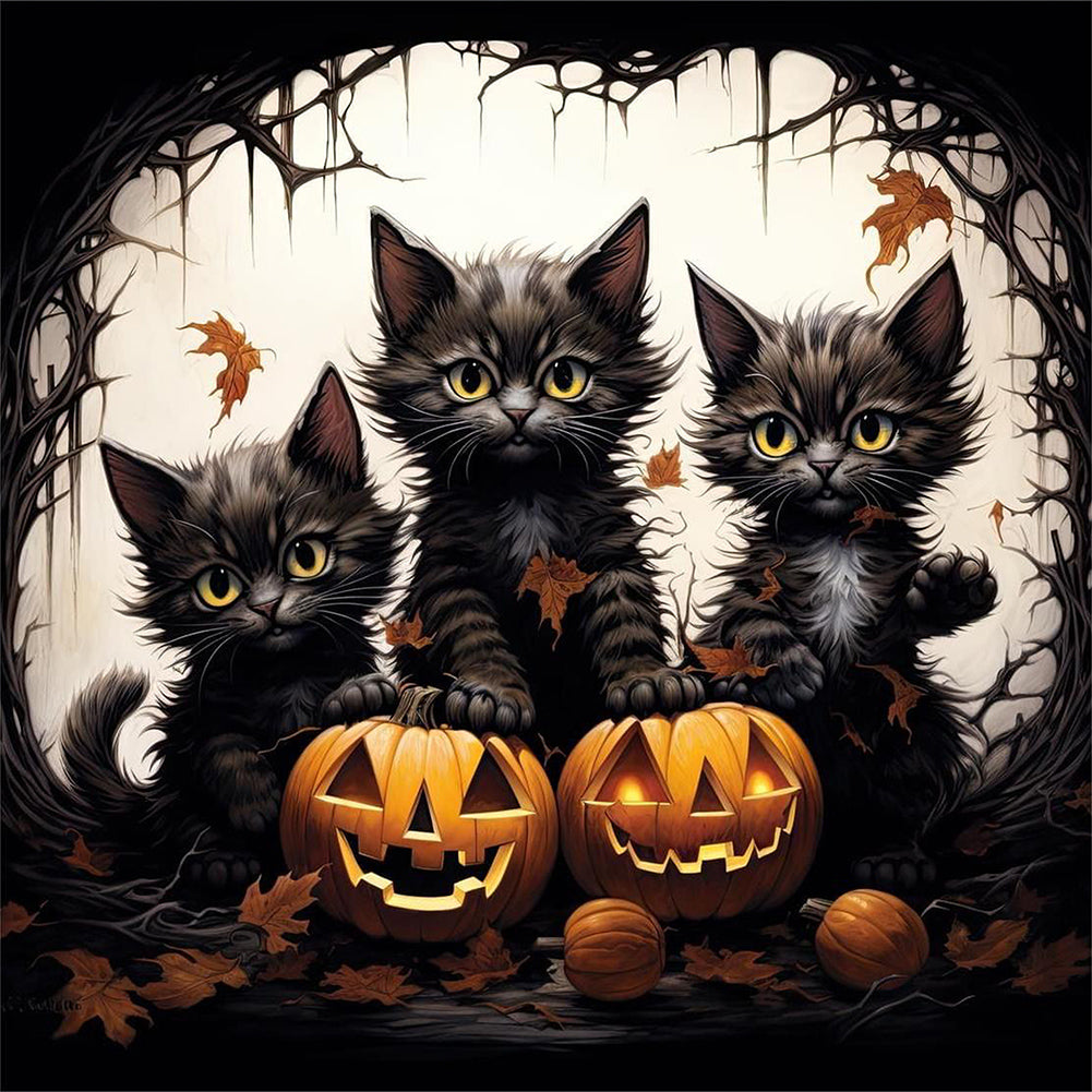 Halloween Pumpkin Black Cat - Full Round Drill Diamond Painting 40*40CM