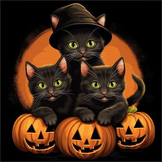 Halloween Pumpkin Black Cat - Full Round Drill Diamond Painting 40*40CM