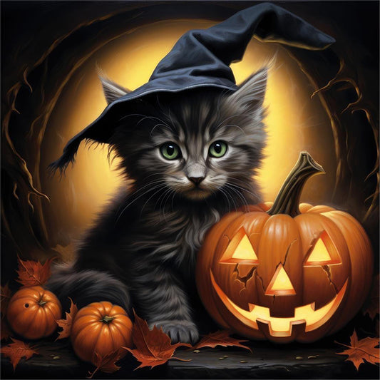 Halloween Pumpkin Black Cat - Full Round Drill Diamond Painting 40*40CM