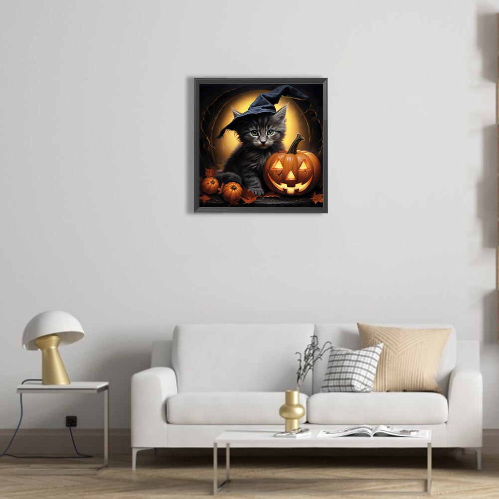 Halloween Pumpkin Black Cat - Full Round Drill Diamond Painting 40*40CM