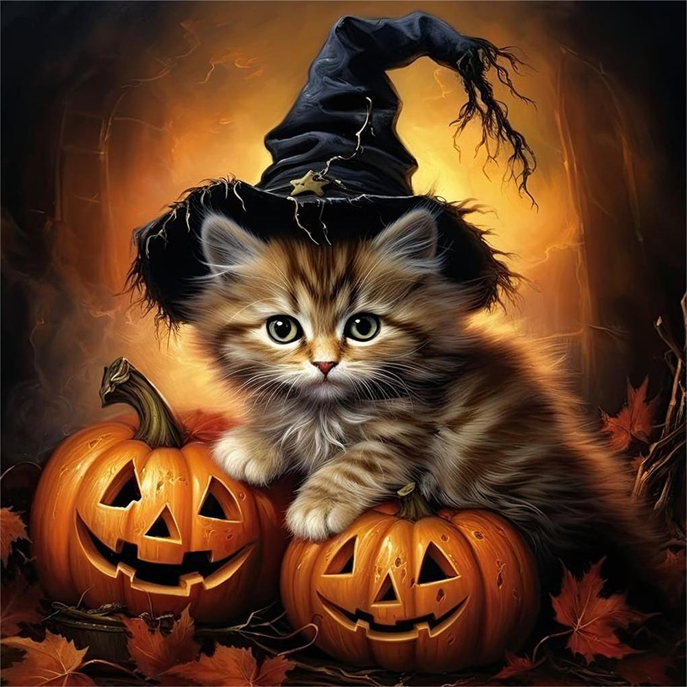 Halloween Pumpkin Black Cat - Full Round Drill Diamond Painting 40*40CM