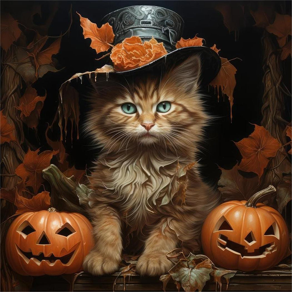 Halloween Pumpkin Black Cat - Full Round Drill Diamond Painting 40*40CM