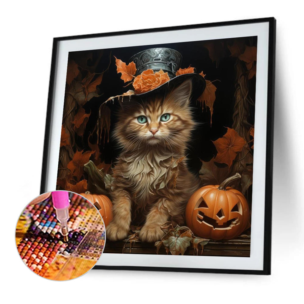 Halloween Pumpkin Black Cat - Full Round Drill Diamond Painting 40*40CM