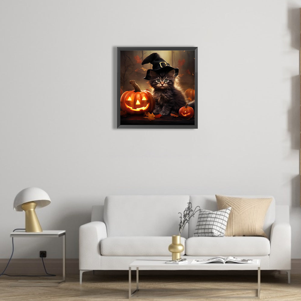 Halloween Pumpkin Black Cat - Full Round Drill Diamond Painting 40*40CM