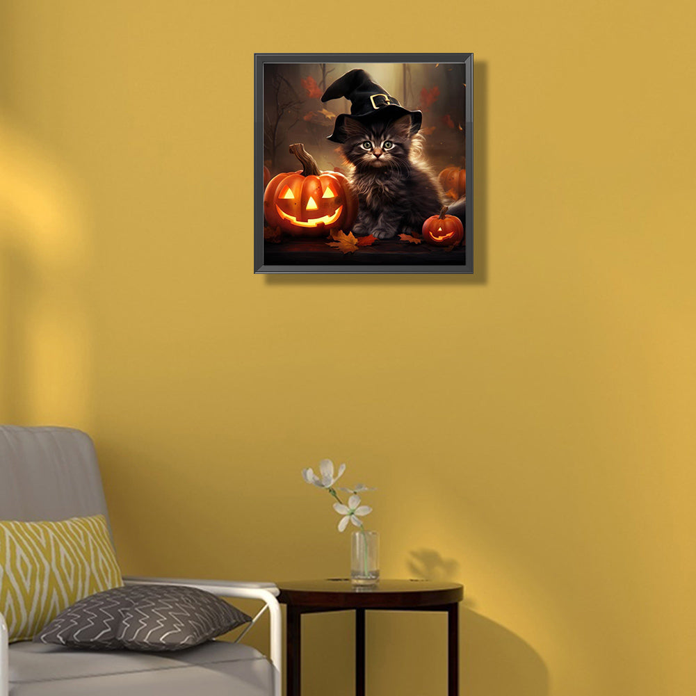 Halloween Pumpkin Black Cat - Full Round Drill Diamond Painting 40*40CM