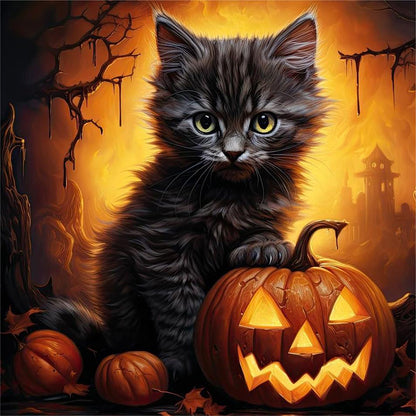 Halloween Pumpkin Black Cat - Full Round Drill Diamond Painting 40*40CM