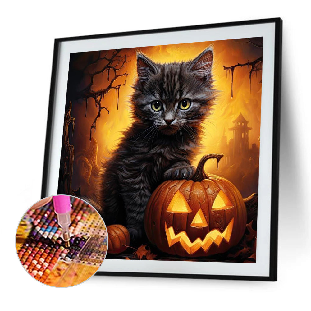 Halloween Pumpkin Black Cat - Full Round Drill Diamond Painting 40*40CM