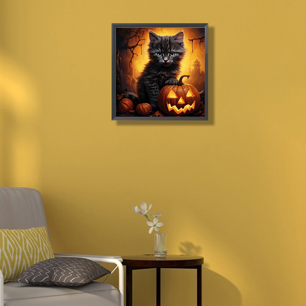 Halloween Pumpkin Black Cat - Full Round Drill Diamond Painting 40*40CM