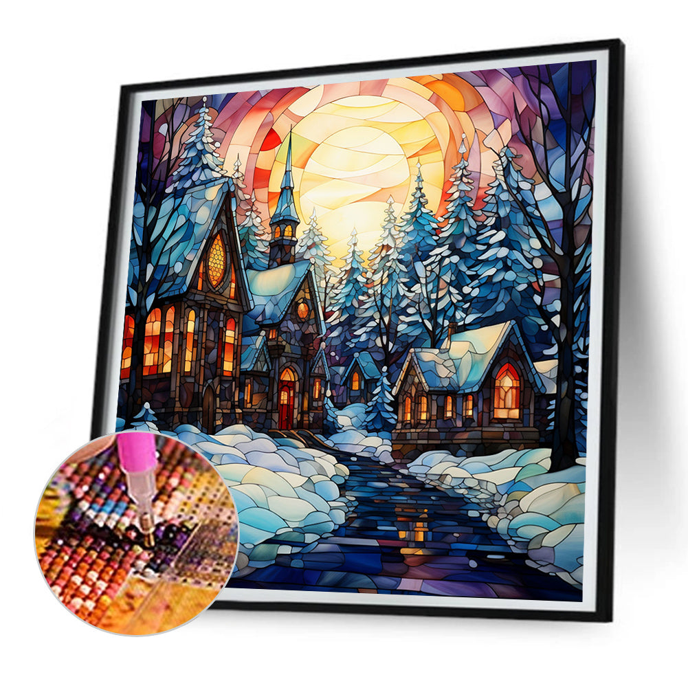 Christmas House Glass Painting - Full Round Drill Diamond Painting 30*30CM