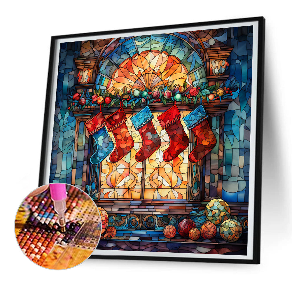 Christmas Holiday Fireplace Christmas Stocking Glass Painting - Full Round Drill Diamond Painting 30*30CM