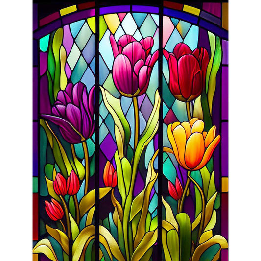 Stained Glass Tulips Flower - Full Round Drill Diamond Painting 30*40CM