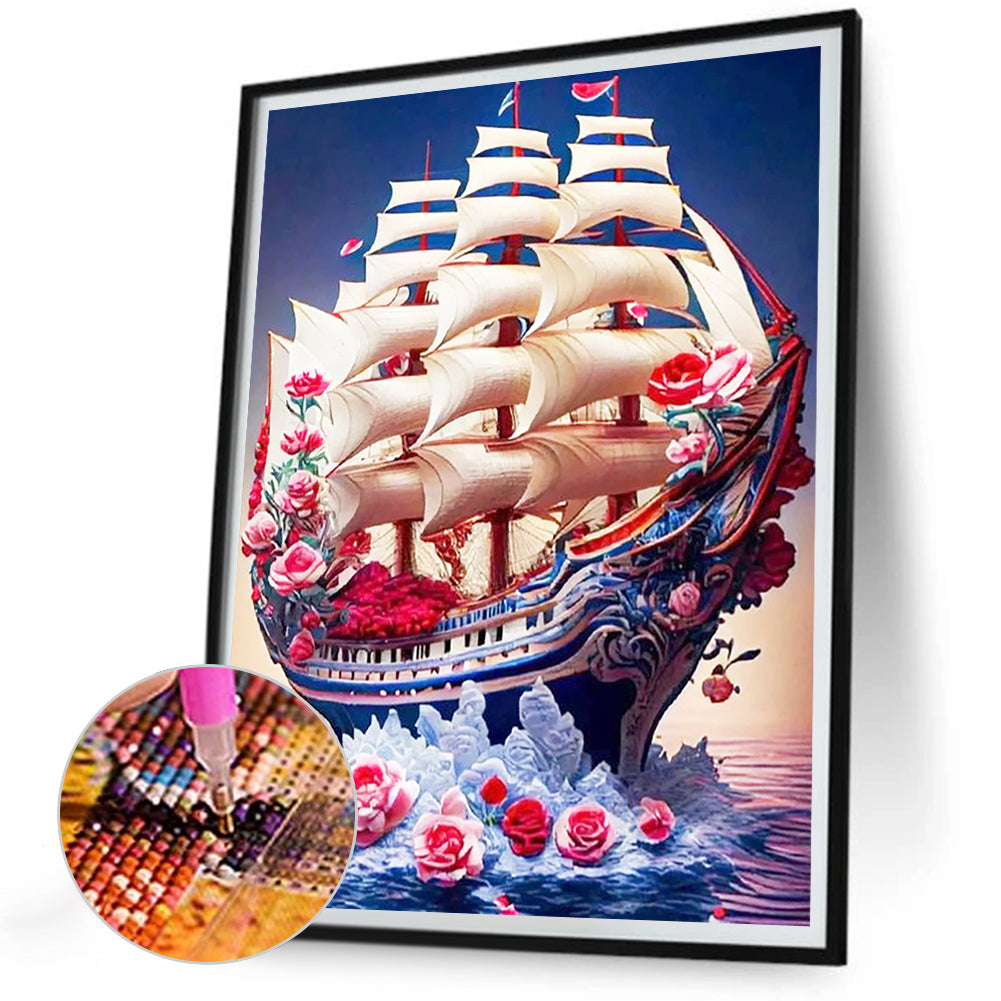 Red Rose Boat - Full Round Drill Diamond Painting 30*40CM