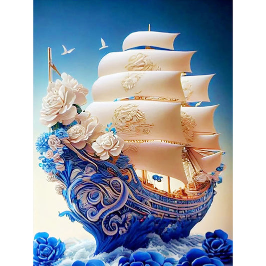 White Rose Boat - Full Round Drill Diamond Painting 30*40CM