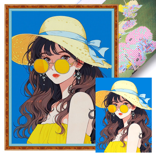 Summer Girl In Sun Hat - 11CT Stamped Cross Stitch 40*53CM