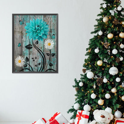 Blue And Green Wooden Board Flowers - Full Round Drill Diamond Painting 30*40CM