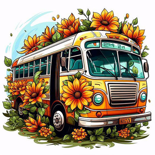 Fresh Sunflower Bus - Full Round Drill Diamond Painting 30*30CM