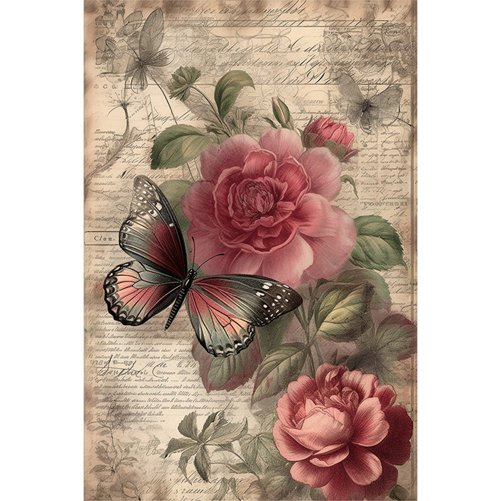 Vintage Butterflies And Peonies - Full Round Drill Diamond Painting 40*60CM