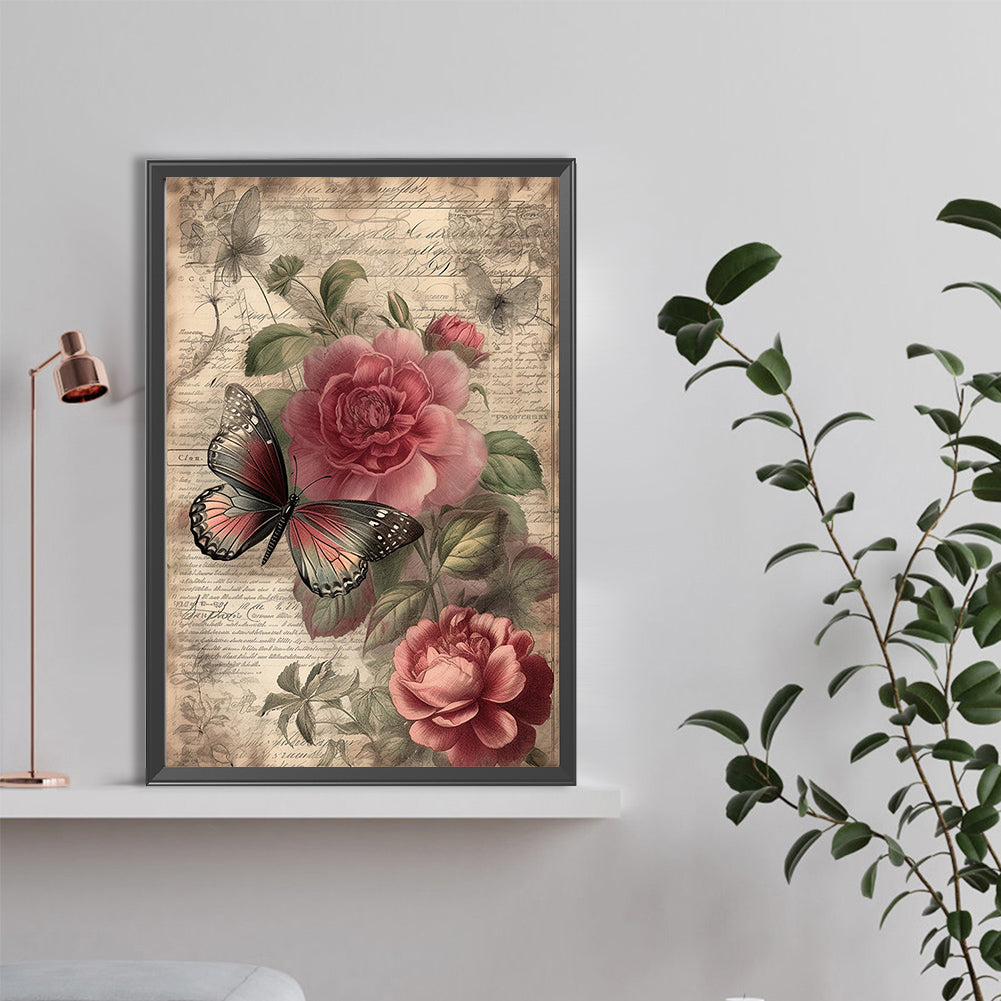 Vintage Butterflies And Peonies - Full Round Drill Diamond Painting 40*60CM