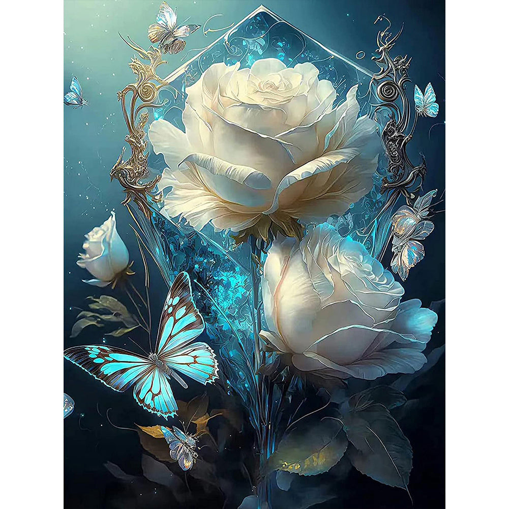 White Roses And Butterflies - Full Round Drill Diamond Painting 30*40CM