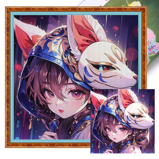 Cartoon Fox Mask Girl - 11CT Stamped Cross Stitch 50*50CM