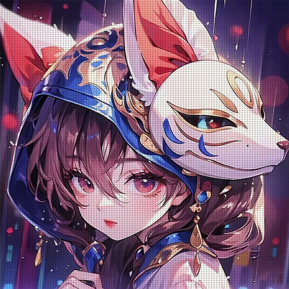 Cartoon Fox Mask Girl - 11CT Stamped Cross Stitch 50*50CM