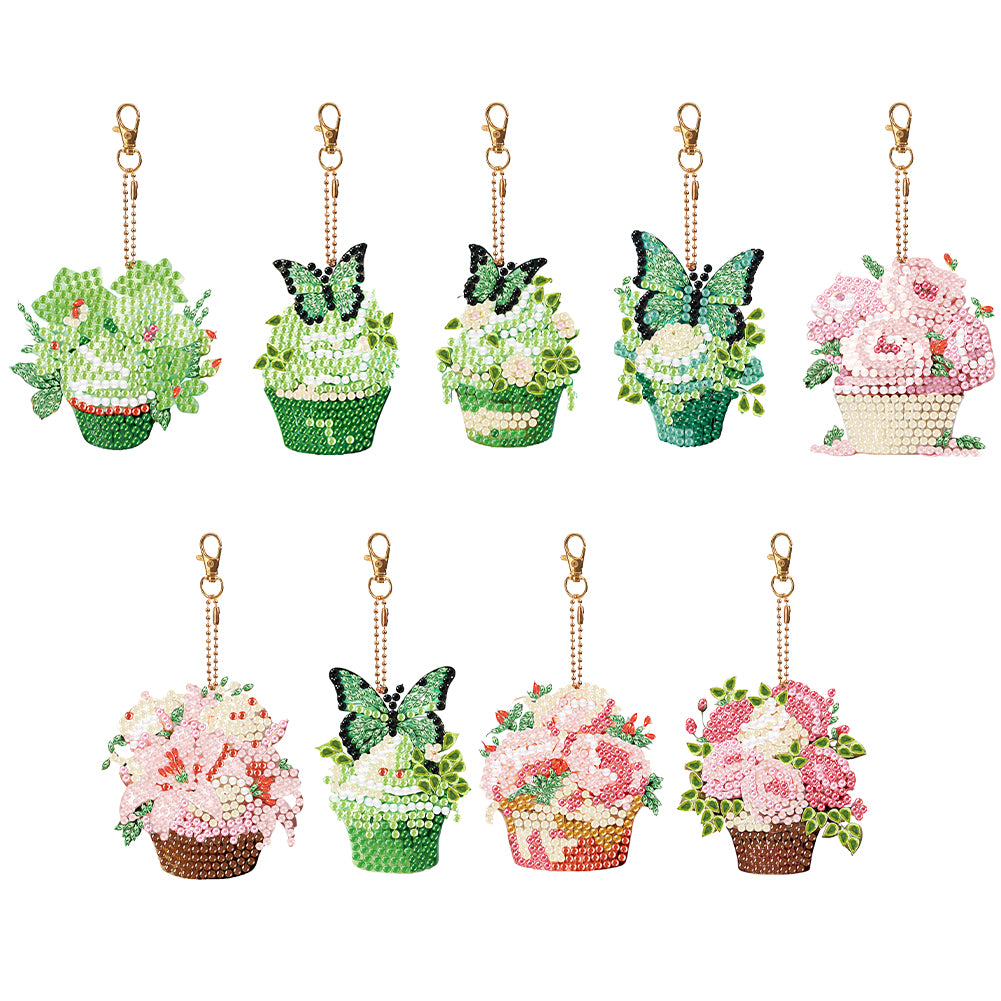 9PCS Double Sided Special Shape Diamond Art Keyring (Dessert Flowers)