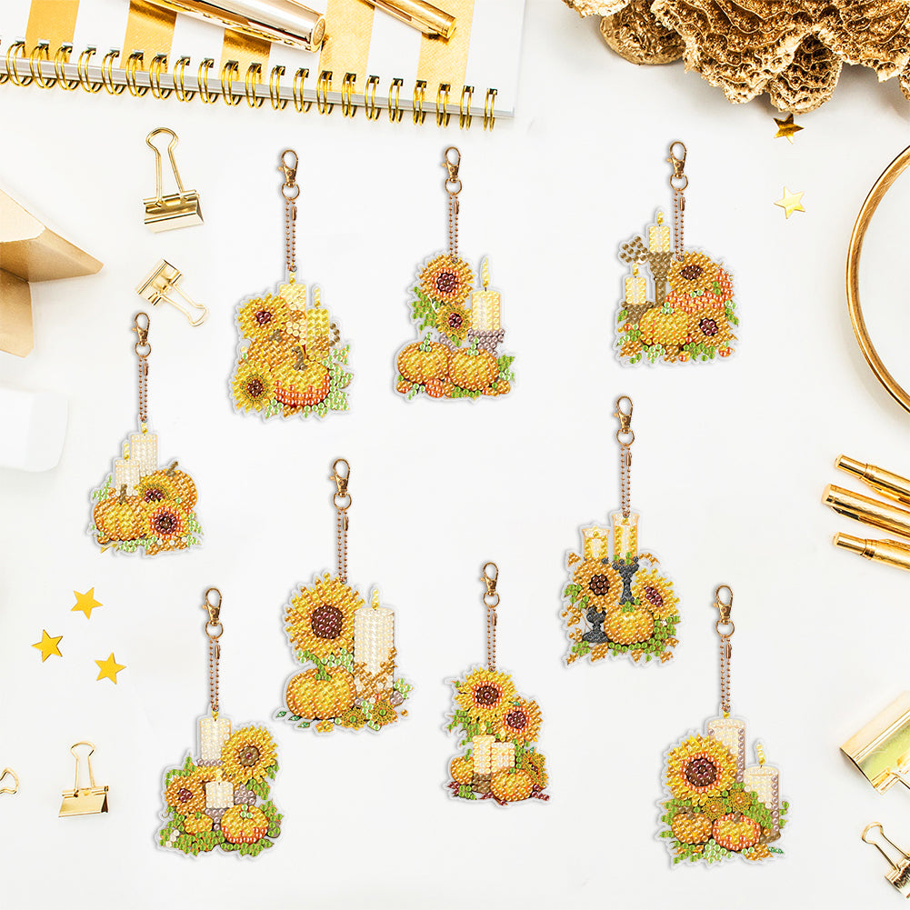 9PCS Double Sided Special Shape Diamond Art Keyring (Pumpkin Sunflower Candle)