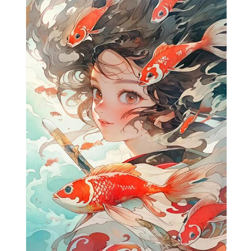 Girl And Goldfish - Full Round Drill Diamond Painting 40*50CM