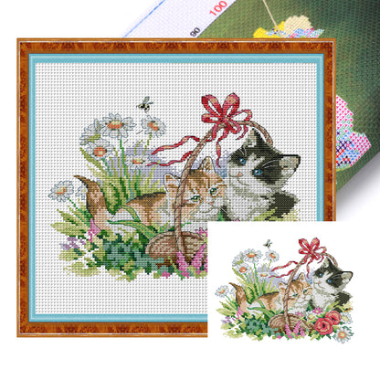 Four Seasons Kitten - 14CT Stamped Cross Stitch 30*26CM(Joy Sunday)