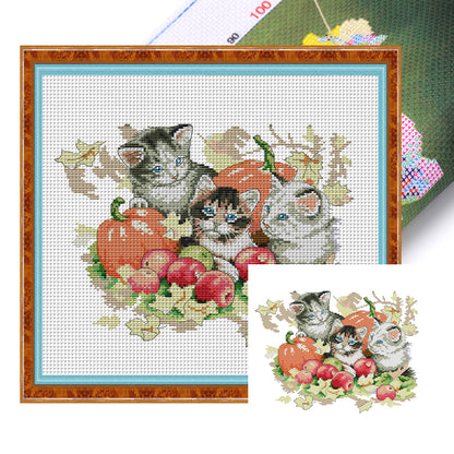 Four Seasons Kitten - 14CT Stamped Cross Stitch 31*27CM(Joy Sunday)