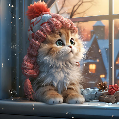 Winter Night Kitten - Full Round Drill Diamond Painting 40*40CM