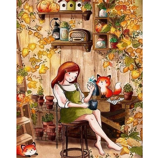 Autumn Girl And Fox - Full Round Drill Diamond Painting 40*50CM