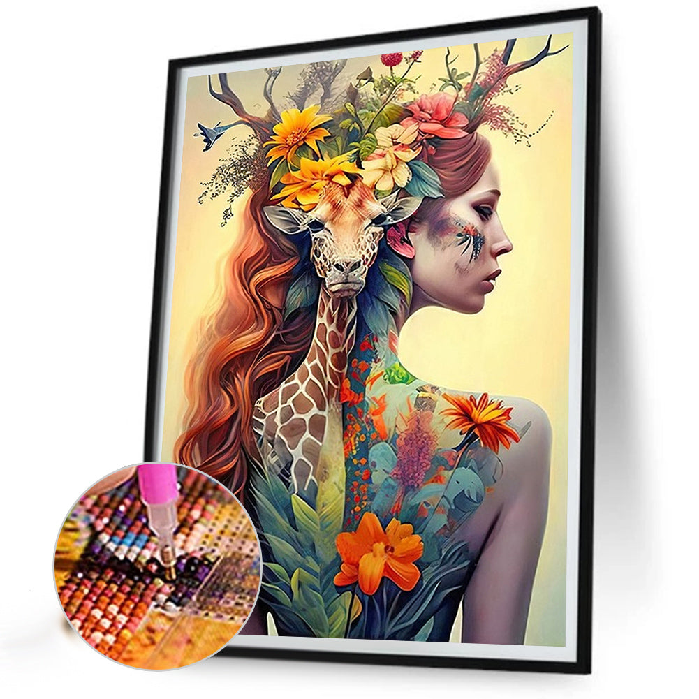 Girl With Giraffe Painted Back - Full Round Drill Diamond Painting 50*60CM