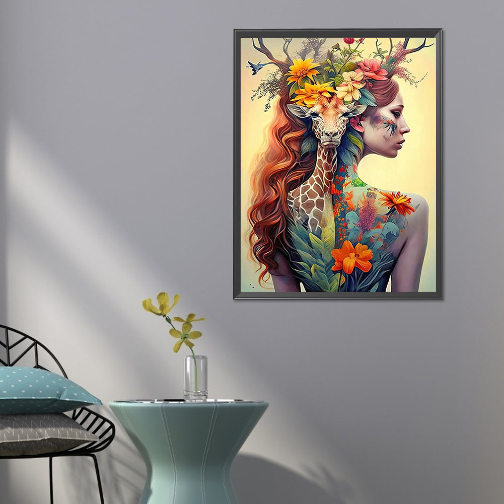 Girl With Giraffe Painted Back - Full Round Drill Diamond Painting 50*60CM