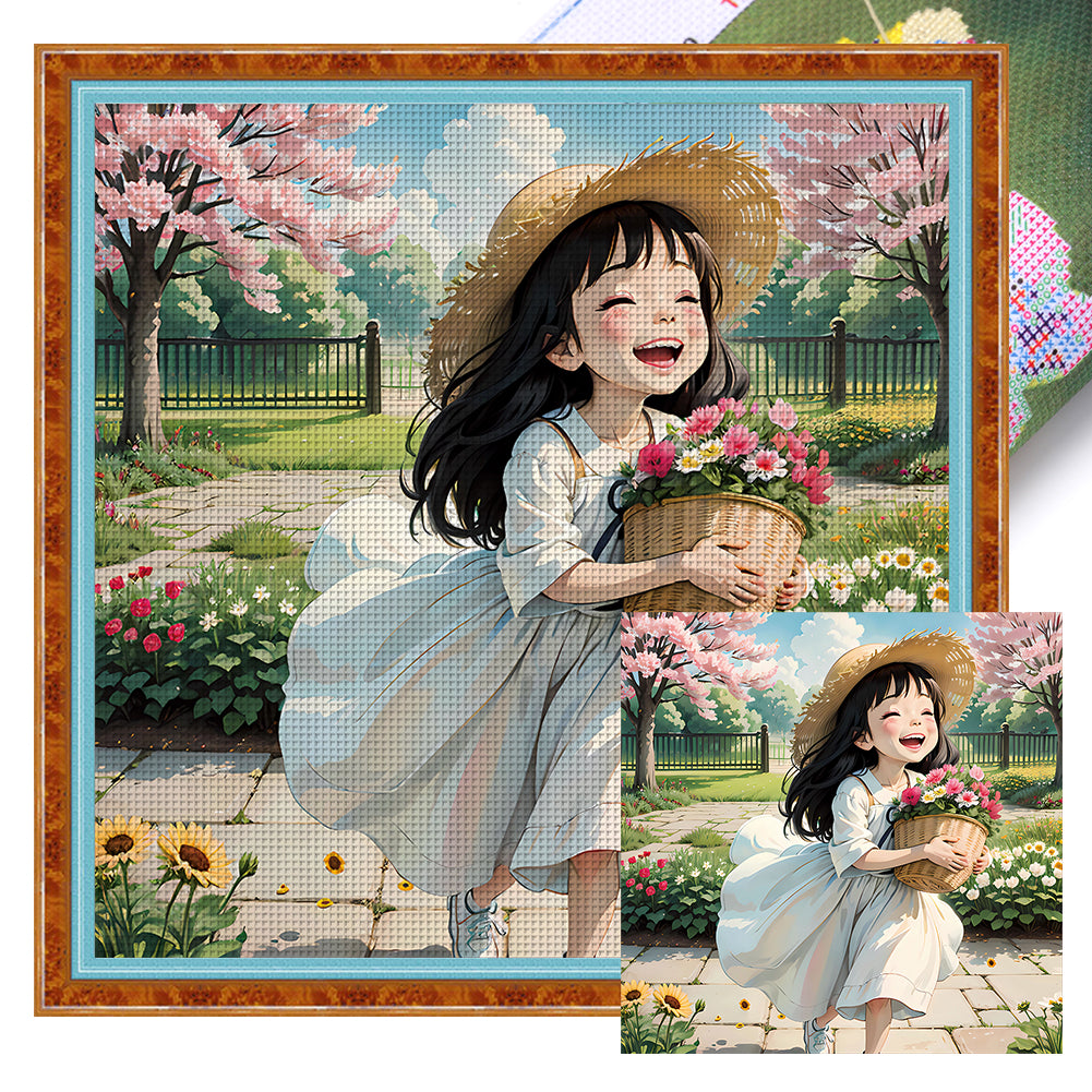 Girl Picking Flowers - 11CT Stamped Cross Stitch 50*50CM